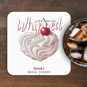 She's Got Him Whipped Cream Cherry Bridal Shower Square Paper Coaster