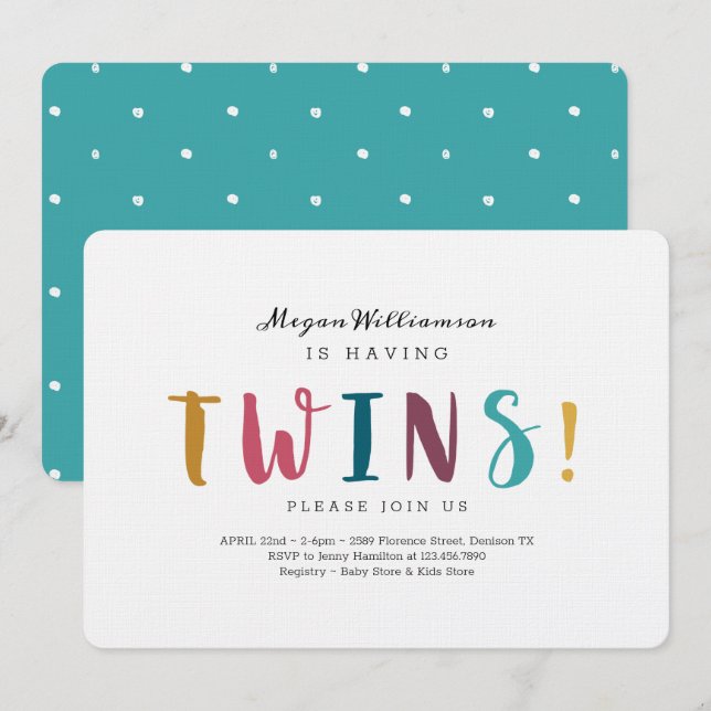 She's Having Twins - Modern, Colourful & fun Invitation (Front/Back)