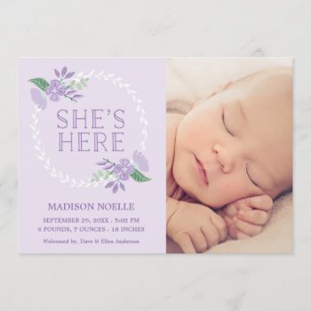 She's Here | Birth Announcement by FINEandDANDY at Zazzle