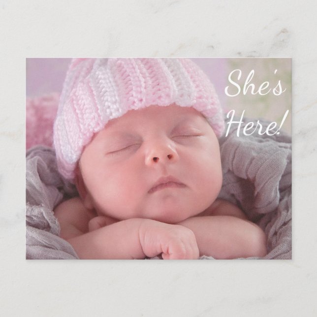 She's Here Birthday Announcement for a Baby Girl (Front)
