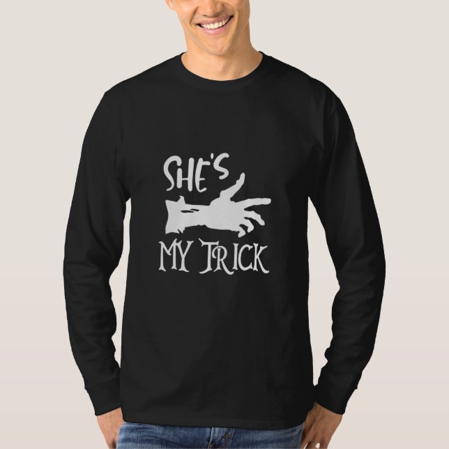 She's My Trick He's My Treat Couples Skeleton Hand T-Shirt (Front)