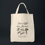 She's Off the Market Bold & Whimsical Hand Drawn Tote Bag<br><div class="desc">The "She's Off the Market Bold & Whimsical Hand Drawn" suite is a playful and modern collection with a distinctive hand-drawn aesthetic. Featuring bold, black-and-white illustrations of cheese, flowers, and grapes, this collection exudes charm and humor while maintaining an air of sophistication. The scalloped border frames the details beautifully, adding...</div>