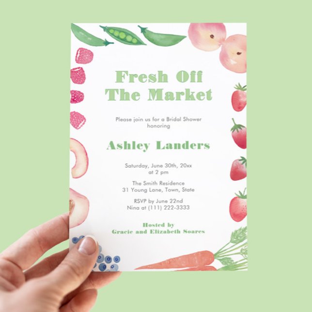 She's Off The Market Bridal Shower Invitation (Green and white gingham Fresh Off The Market Wedding Shower Theme with watercolor illustrations )