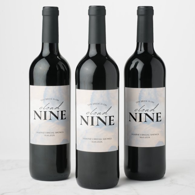 She's On cloud 9 Bridal Shower Dreamy Pastel Sky W Wine Label (Bottles)