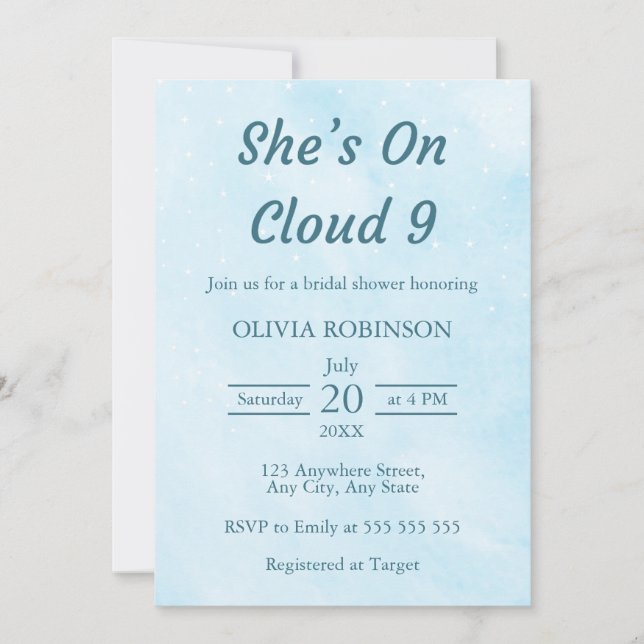 She's On Cloud 9 Dreamy Sky Blue Bridal Shower  Invitation (Front)