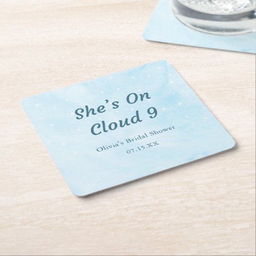 Shes On Cloud 9 Dreamy Sky Blue Bridal Shower  Square Paper Coaster