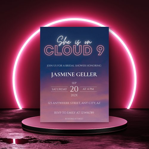 Shes on cloud 9 Elegant Bridal Shower Dreamy Neon Invitation