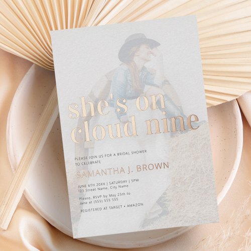 Shes on Cloud 9 Photo Minimalist Bridal Shower Foil Invitation