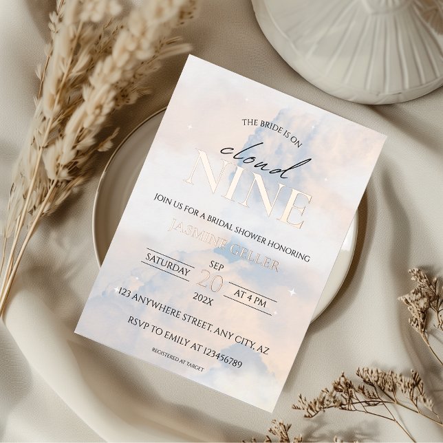 She's on cloud 9 Rose Gold Elegant Bridal Shower Foil Invitation (She's on cloud nine dreamy bridal shower invitation)