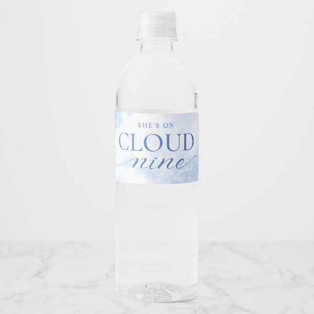 She's On Cloud Nine Blue  Bridal Shower Water Bottle Label (Front)