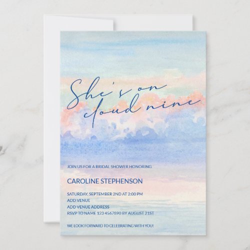 Shes On Cloud Nine Pastel Watercolor Bridal Shower Invitation