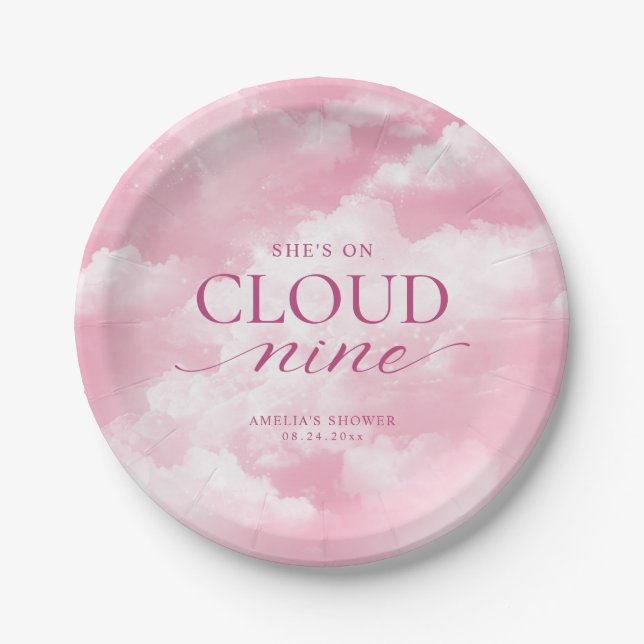 She's On Cloud Nine Pink Bridal Shower Paper Plates (Front)
