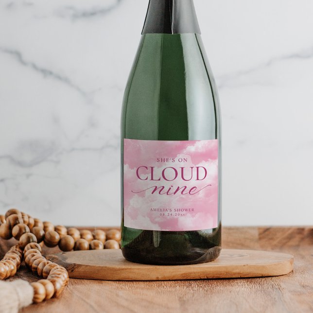 She's On Cloud Nine Pink Bridal Shower Sparkling Wine Label (Creator Uploaded)