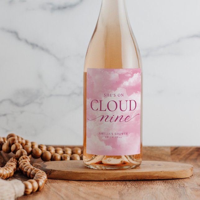 She's On Cloud Nine Pink Bridal Shower Wine Label (Creator Uploaded)