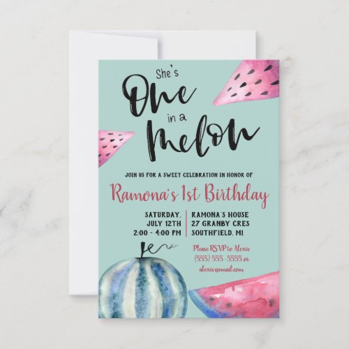 Shes One in a Melon  Watermelon themed Birthday Invitation