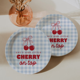 She's Our Cherry On Top Blue Gingham Birthday Paper Plates
