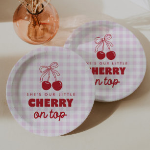 She's Our Cherry On Top Pink Gingham Birthday Paper Plates
