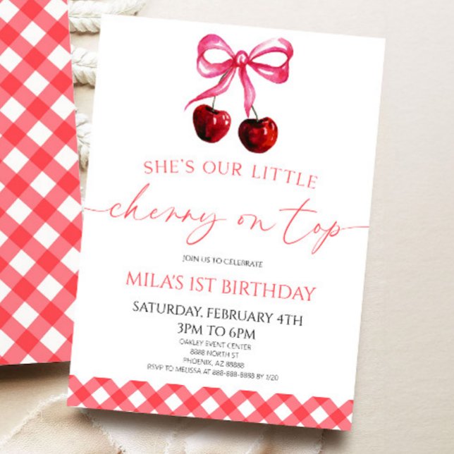 She's Our Little Cherry On Top Bow Birthday Party Invitation (Creator Uploaded)