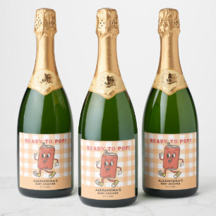 Shes Ready To Pop Baby Shower Gingham Orange Retro Sparkling Wine Label