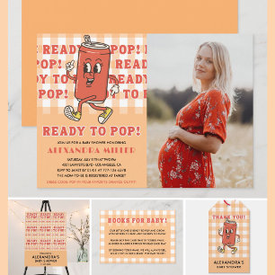 Shes Ready to Pop Baby Shower Orange Gingham Photo Invitation