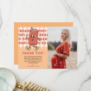 Shes Ready to Pop Baby Shower Orange Gingham Photo Thank You Card