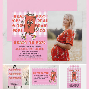 She's Ready to Pop Baby Shower Pink Gingham Photo Invitation