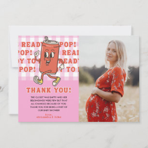 She's Ready to Pop Baby Shower Pink Gingham Photo Thank You Card