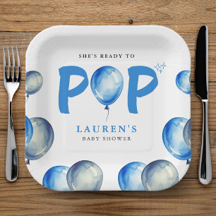 She's Ready To Pop Balloons Blue Boy Baby Shower Paper Plates