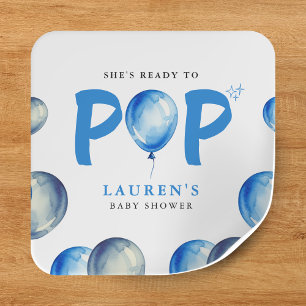 She's Ready To Pop Balloons Blue Boy Baby Shower Square Sticker