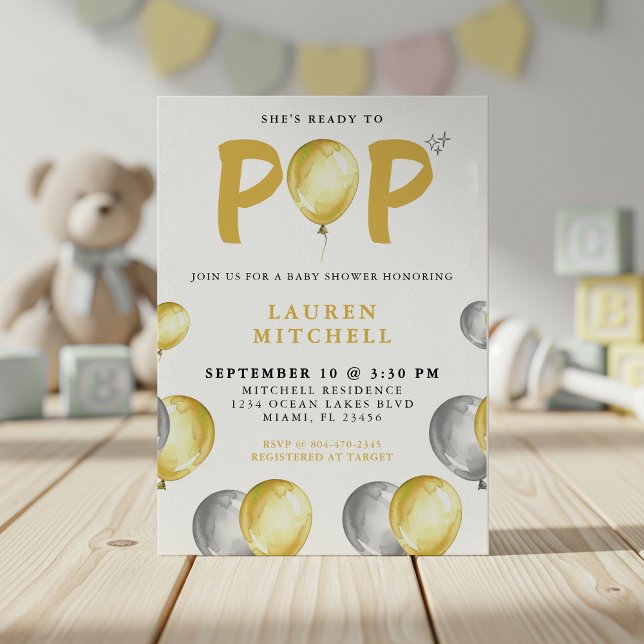 She's Ready To Pop Balloons Gold Baby Shower Invitation (She's Ready To Pop Balloons Gold Baby Shower Invitation
)