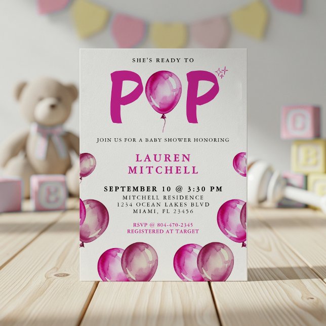 She's Ready To Pop Balloons Pink Girl Baby Shower Invitation (She's Ready To Pop Balloons Pink Girl Baby Shower Invitation
)