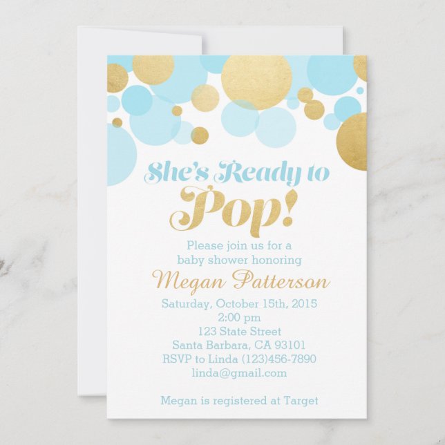 She's Ready to Pop! Blue and Gold Invitation (Front)