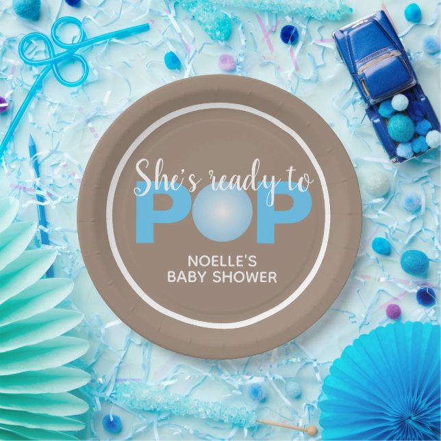 She's Ready to Pop, Blue Bubblegum Baby Shower Paper Plates (Party)