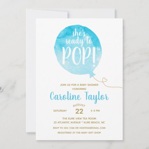 Shes Ready to Pop Blue  Gold Baby Shower Invitation