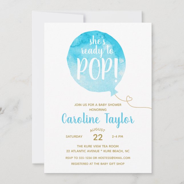 She's Ready to Pop Blue & Gold Baby Shower Invitation (Front)