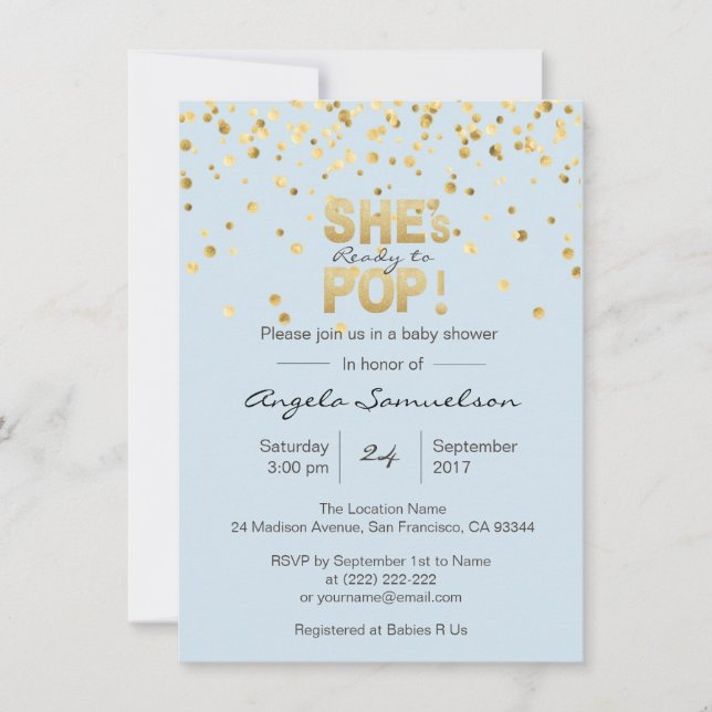 She's Ready to POP Blue Gold Boy Baby Shower Invitation (Front)