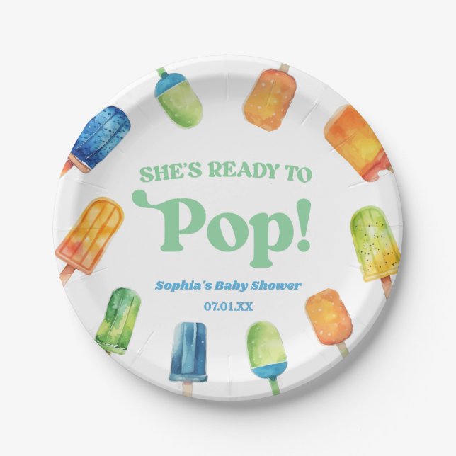 She's Ready To Pop Blue Popsicle Baby Shower Paper Plates (Front)