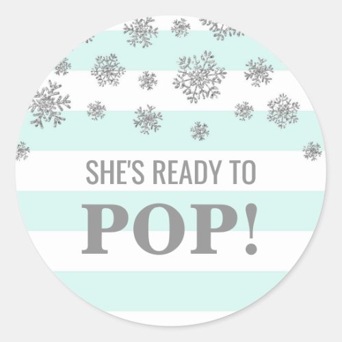 Shes Ready to Pop Blue Stripes Silver Snowflakes Classic Round Sticker