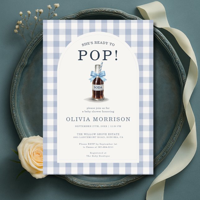 She's Ready to Pop Boy Blue Gingham Baby Shower Invitation (Creator Uploaded)