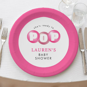 She's Ready To Pop Bubblegum Pink Girl Baby Shower Paper Plates