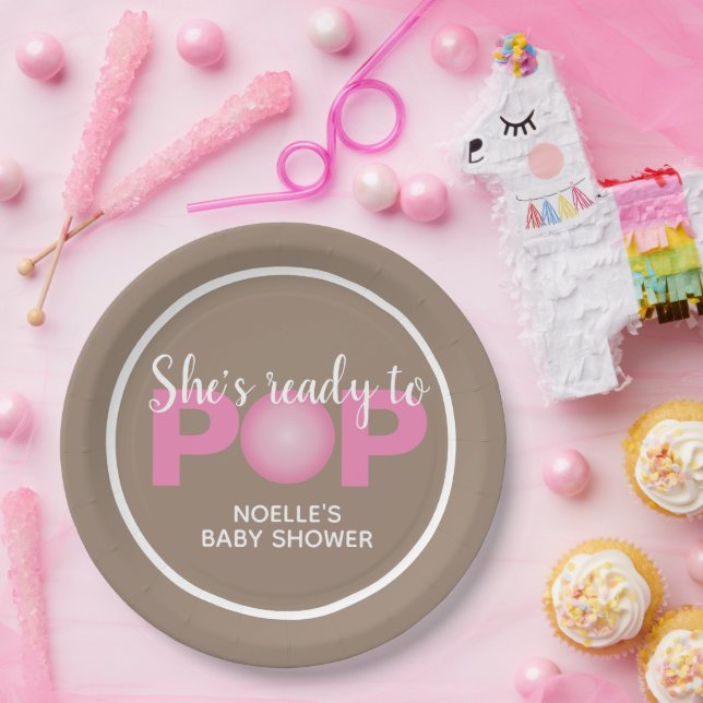 She's Ready to Pop Bubblegum Theme, Taupe & Pink Paper Plates (Party)