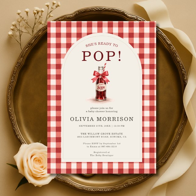 She's Ready to Pop Gingham Red Bow Baby Shower Invitation (Creator Uploaded)
