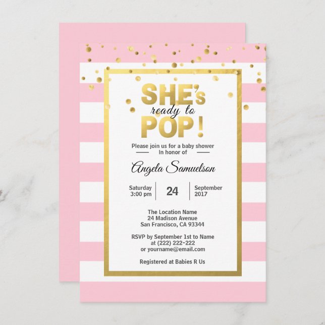 She's Ready to POP Gold Pink Girl Baby Shower Invitation (Front/Back)