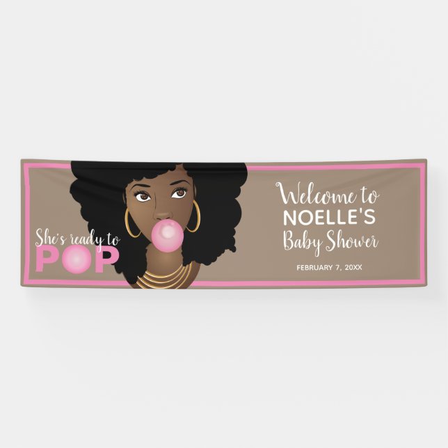 She's Ready to Pop Pink Baby Shower Natural Hair Banner (Horizontal)