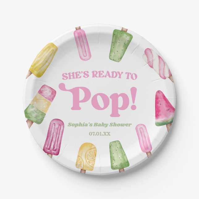 She's Ready To Pop Pink Popsicle Baby Shower Paper Plates (Front)