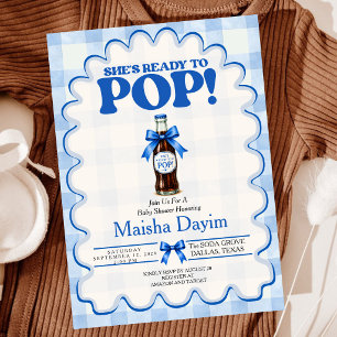 She's Ready to Pop Soda Blue Gingham Baby Shower Invitation