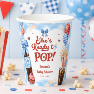 She's Ready to Pop Soda Blue Gingham Baby Shower Paper Cups