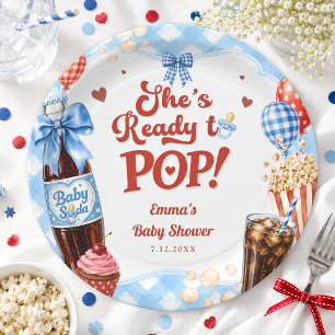 She's Ready to Pop Soda Blue Gingham Baby Shower Paper Plates