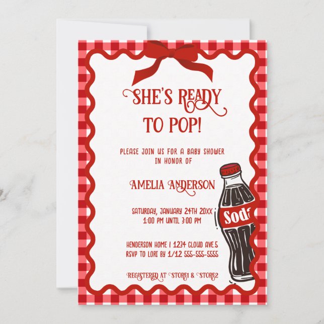 She's Ready to Pop Soda Red Gingham Invitation (Front)