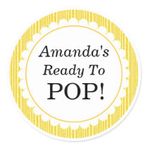 She's Ready to Pop, Yellow Stripes Baby Shower Classic Round Sticker